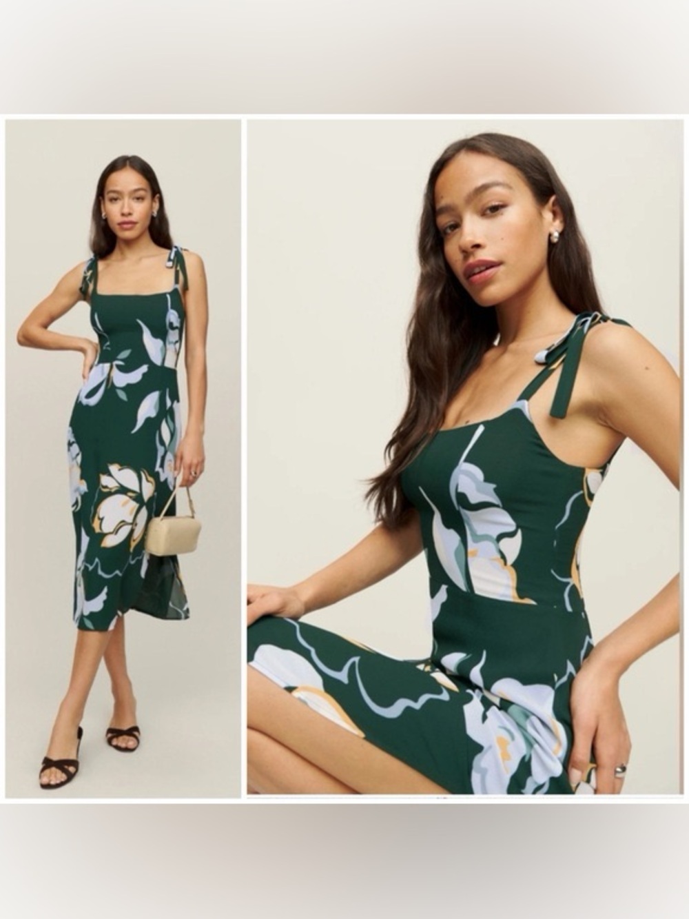 Reformation Dark Green Floral Tie-Shoulder Midi Dress